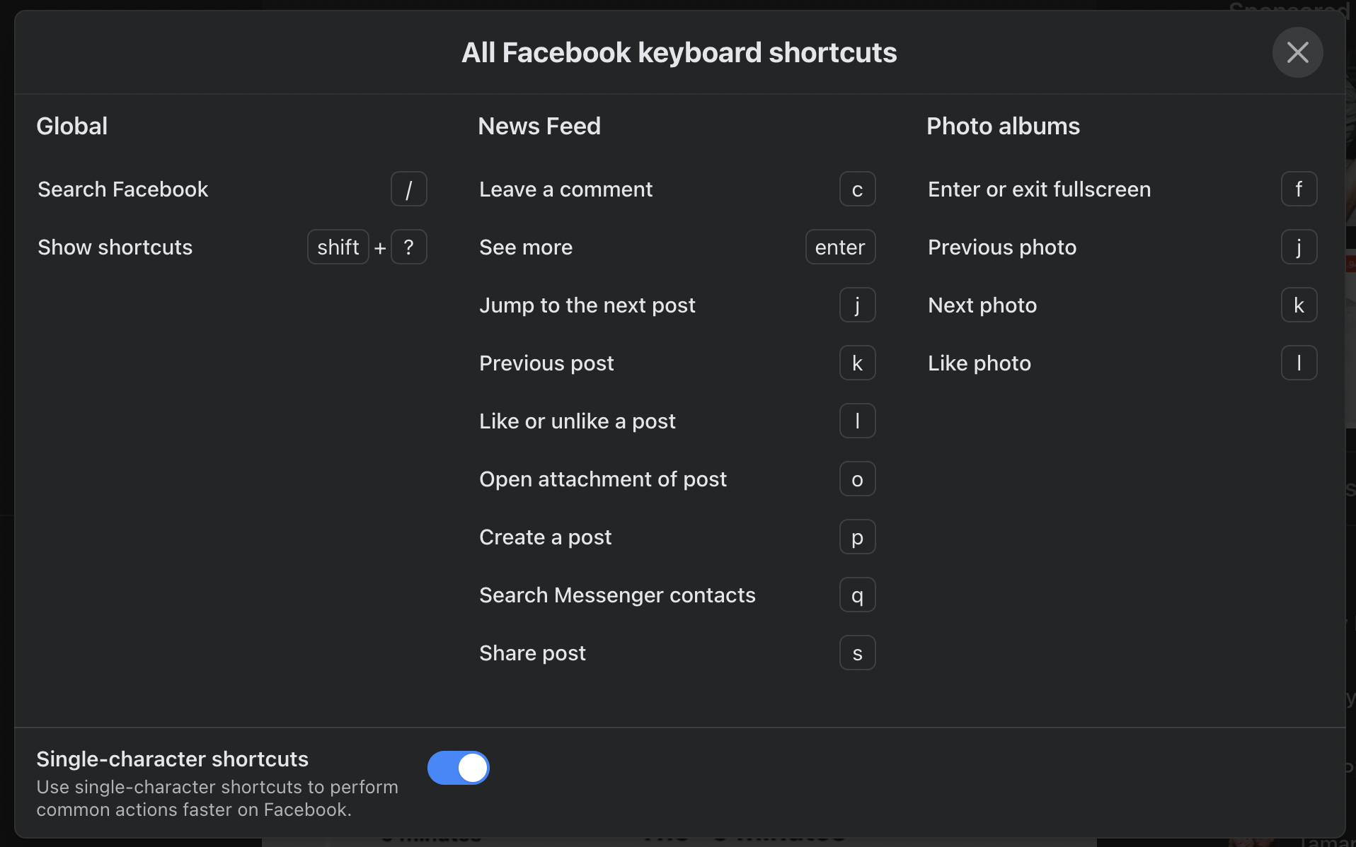 facebook keyboard shortcuts