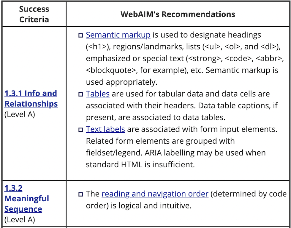 semantic markup webaim recommendation